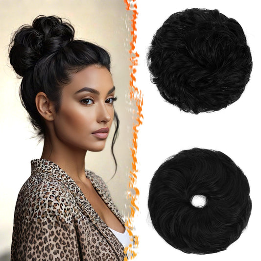 BARSDAR 2 PCS Messy Bun Hair Pieces - Elastic Jet Black Messy Hair Bun Scrunchies Extensions for Women - Synthetic Thick Fluffy Donut Updo Jet Black Chignons Hairpieces Daily