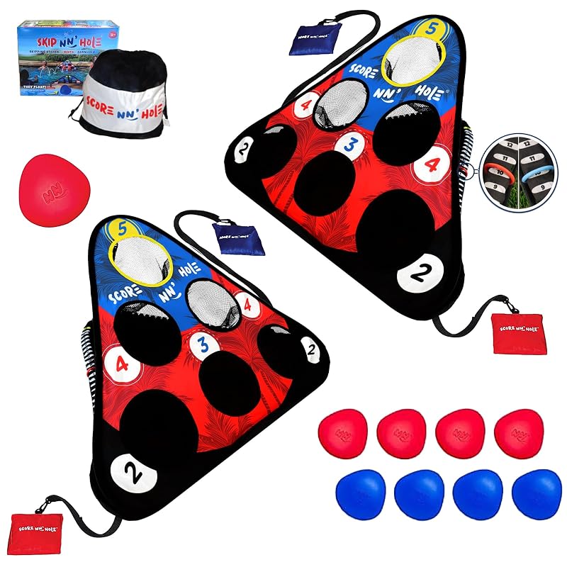 Skip N' Hole Floating Pool Cornhole Game Set (2 Targets) – Waterproof Stonne Skipping Toy
