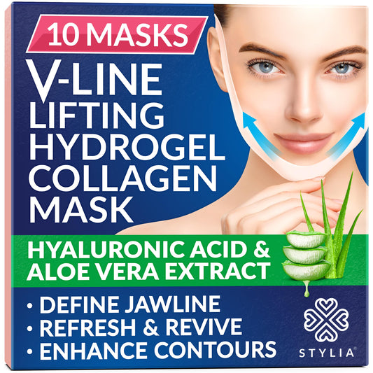 STYLIA V Line Lifting Collagen Face Mask - Double Chin Strap for Women - Jawline Shaper Face Lift Tape - Neck Lift Collagen Mask - Chin Strap for Sleeping - Hyaluronic Acid, Aloe Vera, Cica 10PC