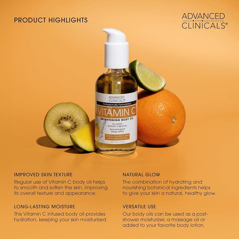 Vitamin C Body Oil 12 Fl Oz with Rosehip Oil & Vitamin E – Advanced Clinicals (Variation: Vitamin C Body Oil+12 Fl Oz)