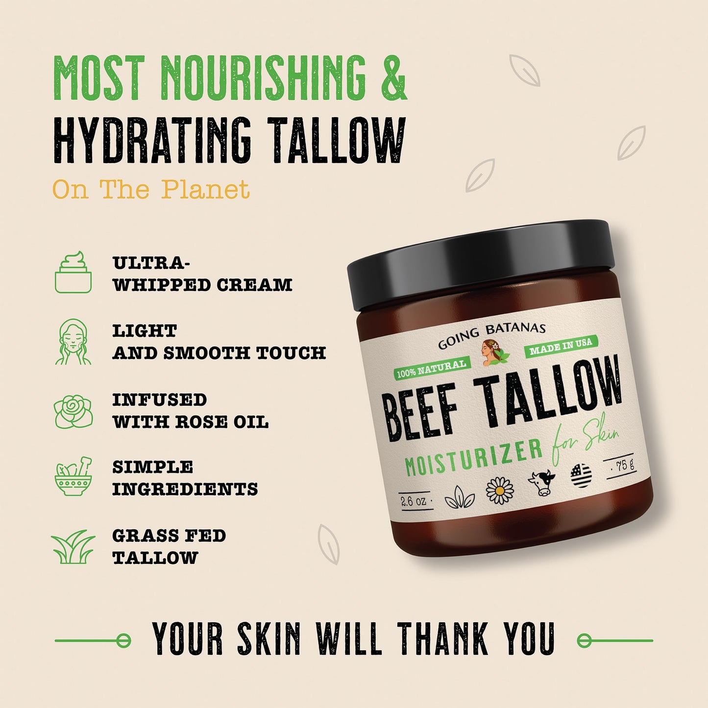 Going Batanas Grass Fed Beef Tallow for Face & Skin (2.6oz) - Hand Made Whipped Tallow Face & Body Moisturizer - Made in USA