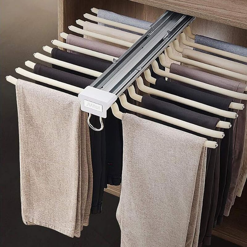 Beige 22-Pair Pull-Out Pants Rack, 33lb Capacity, Steel Clothes Organizer
