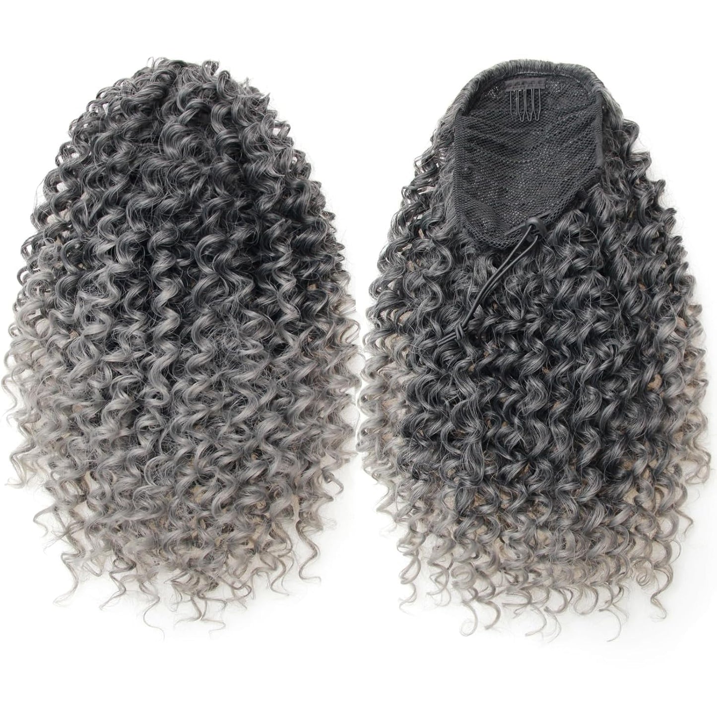 YXCHERISHAIR Ponytail Extension,Curly Wavy Ponytail Ombre Blonde Drawstring Ponytail Hair Extensions for Women Natural Wavy Synthetic Hairpiece for African Women Daily Use party(1B/Grey, 18inch)