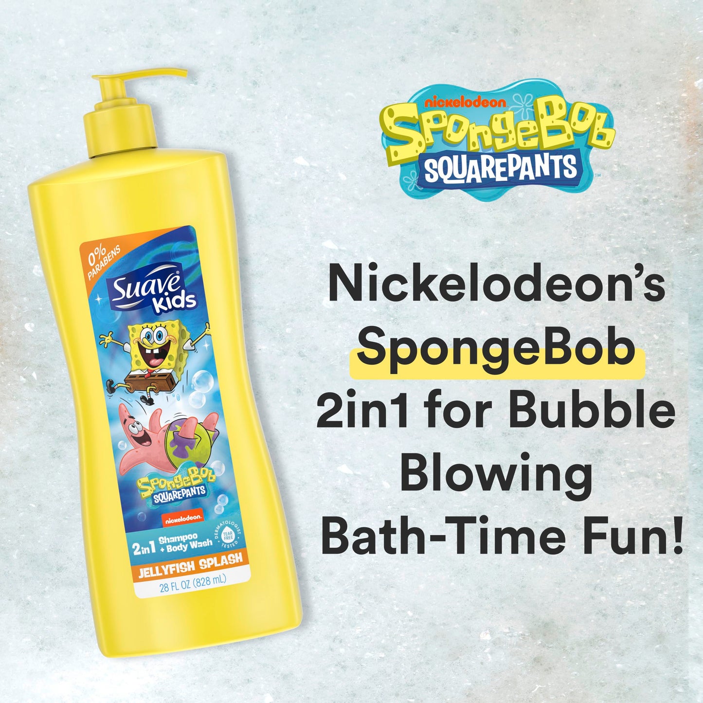 Suave Kids 3-in-1 Spongebob, Tear Free, Body Wash, Shampoo and Conditioners, Dermatologist Tested, 28 Oz Pack of 4
