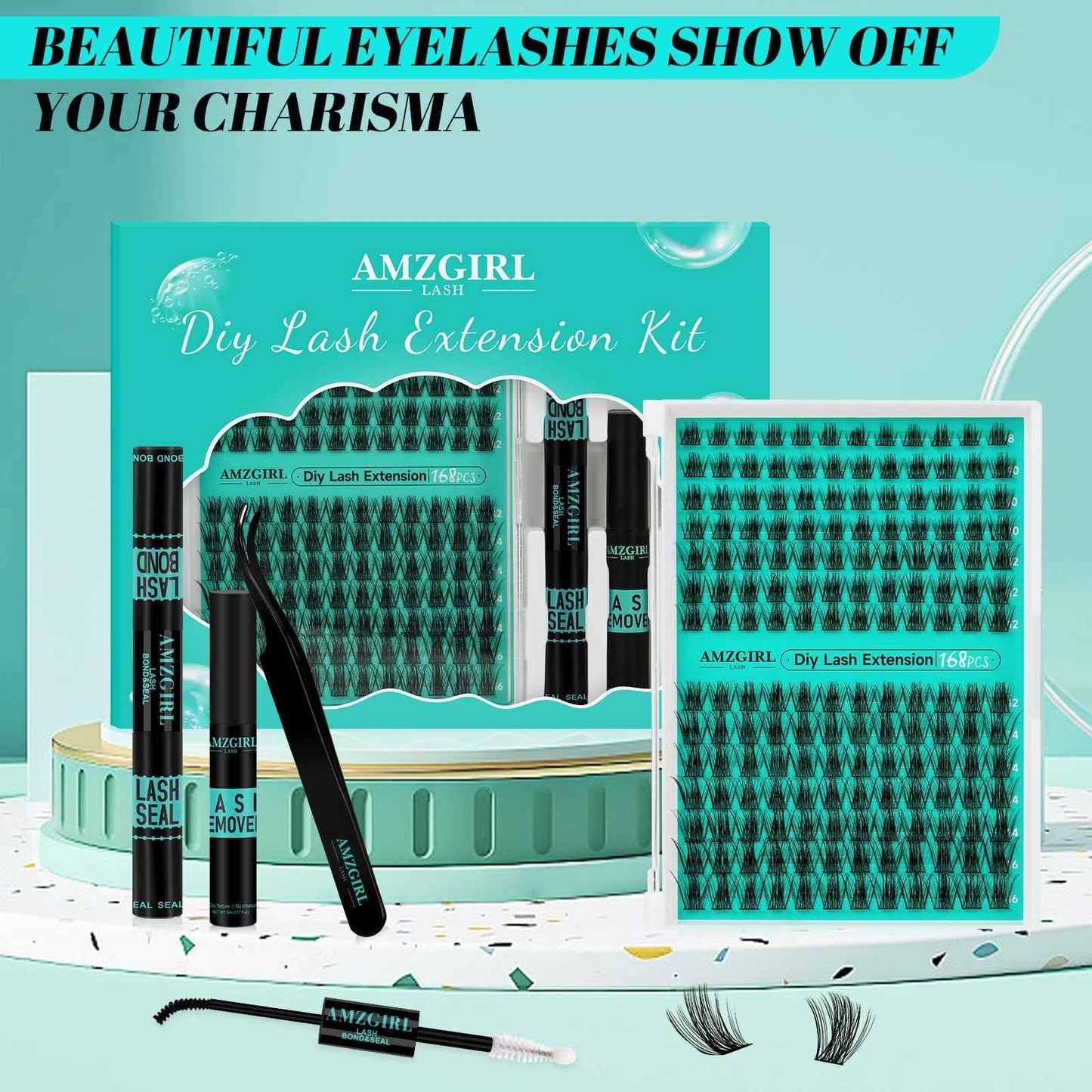 Lash Extension Kit,DIY Eyelash Clusters Kit 168Pcs with Lash Bond and Seal Glue Waterproof,Eyelashes Remover for Lash Cluster Extensions Kit for Beginner,Lashes Applicator Tool(Medusa,D-Mix8-16mm Kit)