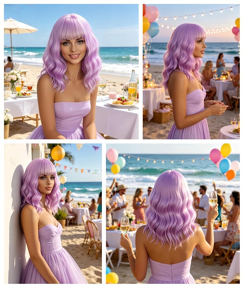 Purple 14-Inch Wavy Bob Wig with Bangs for Women – Heat-Resistant Synthetic Cosplay