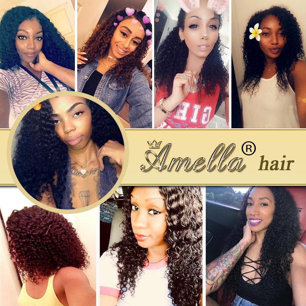 Amella Hair 8A Brazilian Curly Virgin Kinky Human Hair Weave 3 Bundles (14 16 18 Inch, 285g) Unprocessed Weft Extensions Natural Black