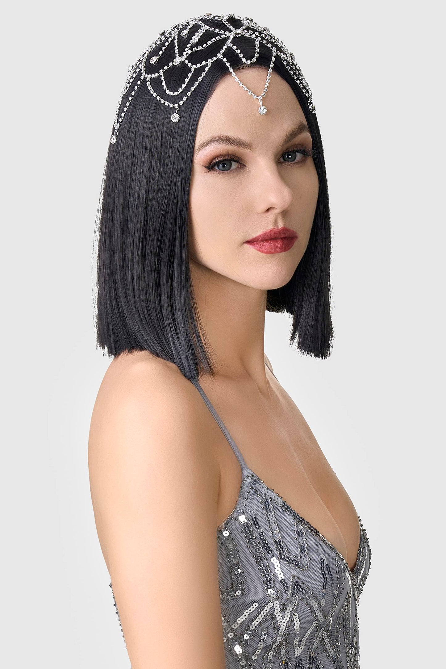 BABEYOND 1920s Crystal Cap Headpiece Rhinestone Head Chain Roaring 20s Great Gatsby Hair Accessories for Art Deco Party (Silver)