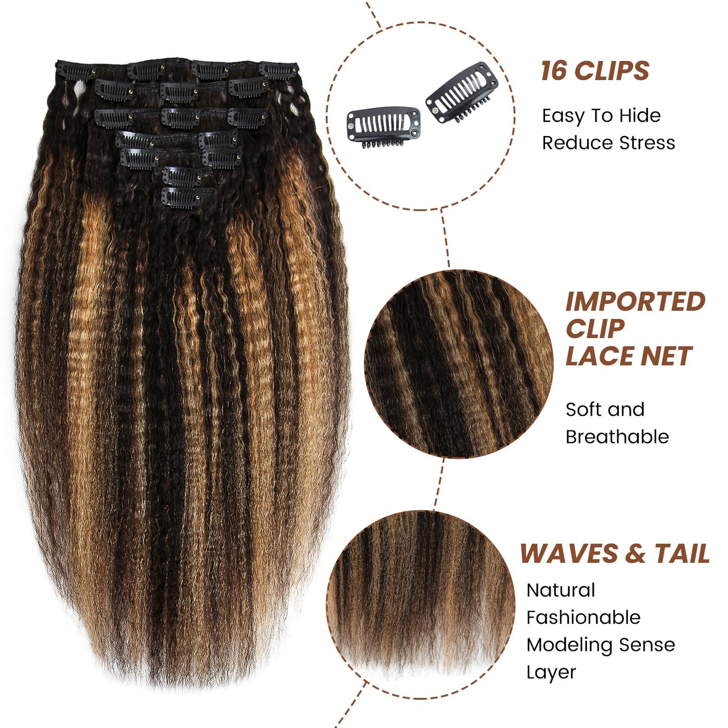 Boyusijf Kinky Straight Clip-in Hair Extensions - 100% Real Human Hair, 7Pcs, 100g Seamless, TP1B/27, 12 Inch for Black Women