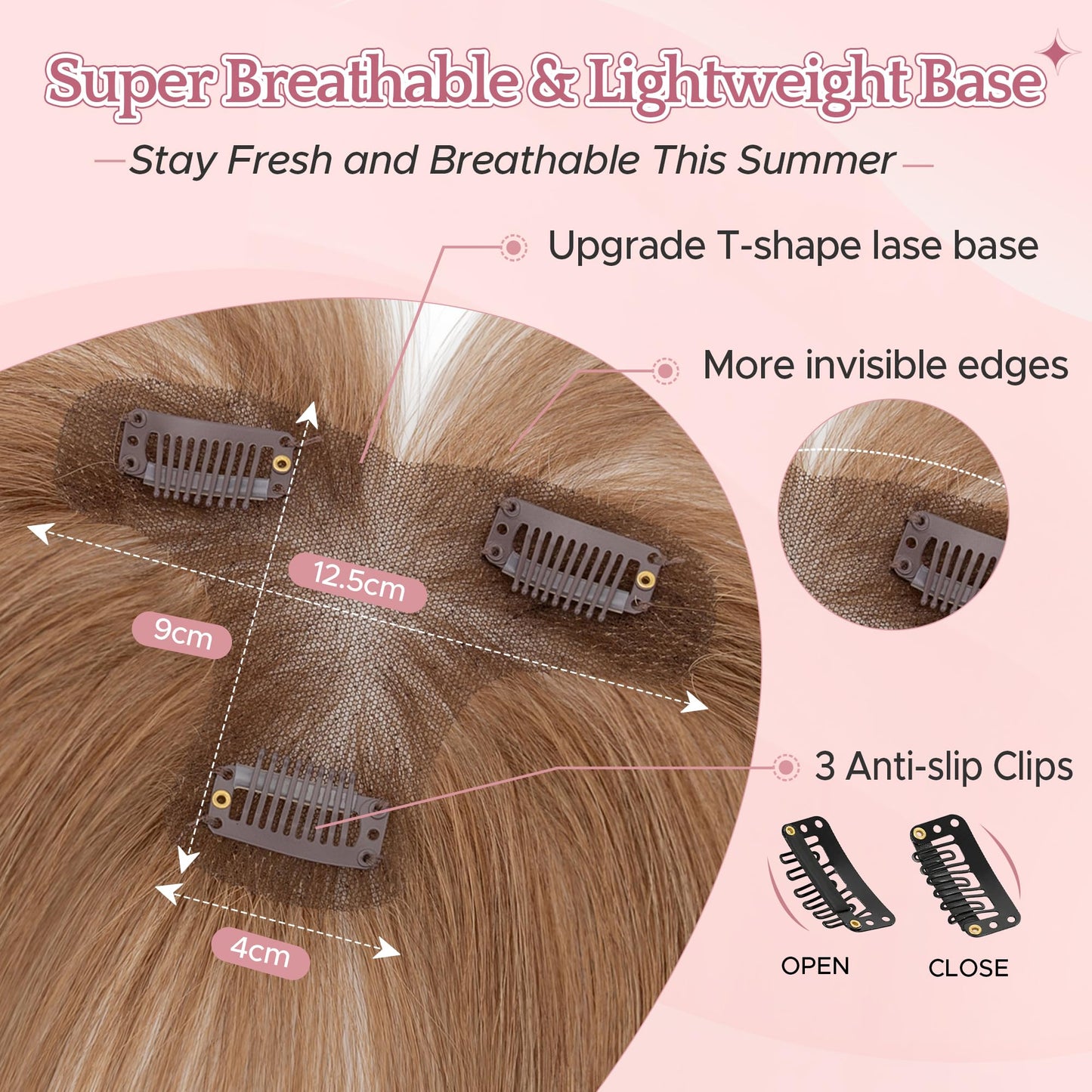 SEGO Hair Toppers for Women Real Human Hair with Wispy Bangs, 9 * 12.5 cm Hand-tied Base Invisible Edges Breathable Fluffy Clip in Top Hairpieces Add Volume -06 Light Brown