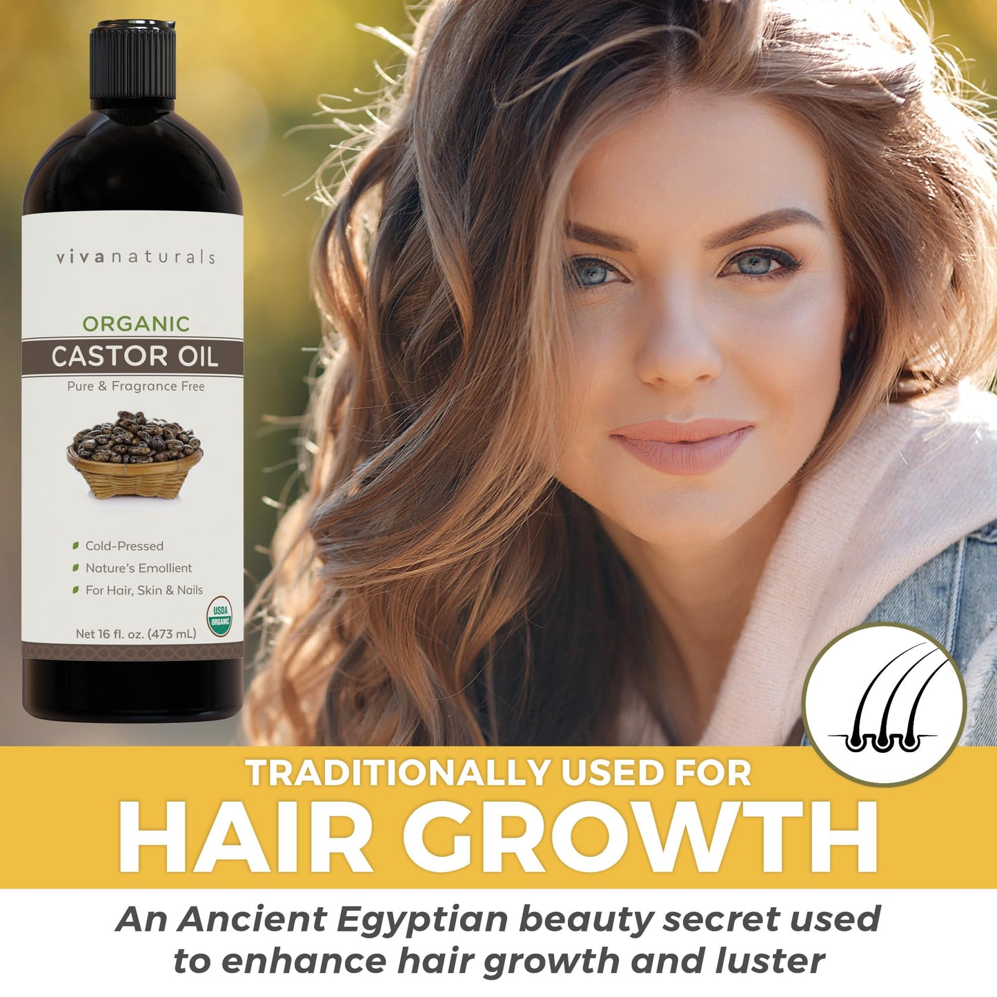 Viva Naturals Cold pressed Organic Castor Oil 16 fl oz - Castor Oil for Face, Eyelashes, Traditional Eyebrow Serum, Hair Oil - Certified Organic & Non-GMO