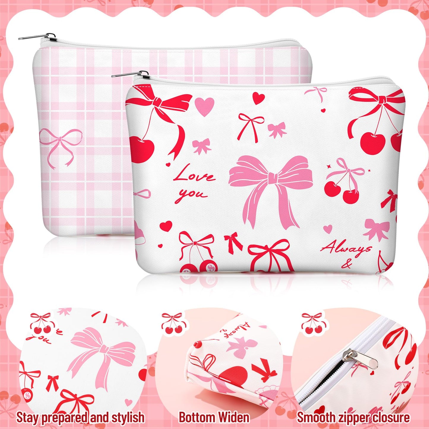 Kacctyen 6 Pcs Pink Cherry Bow Coquette Makeup Bag Cute Cherry Bow Canvas Cosmetic Bag for Women Girly Preppy Makeup Bag with Zipper Aesthetic Travel Stuff Small Pouch Gift for Birthday Party Favor