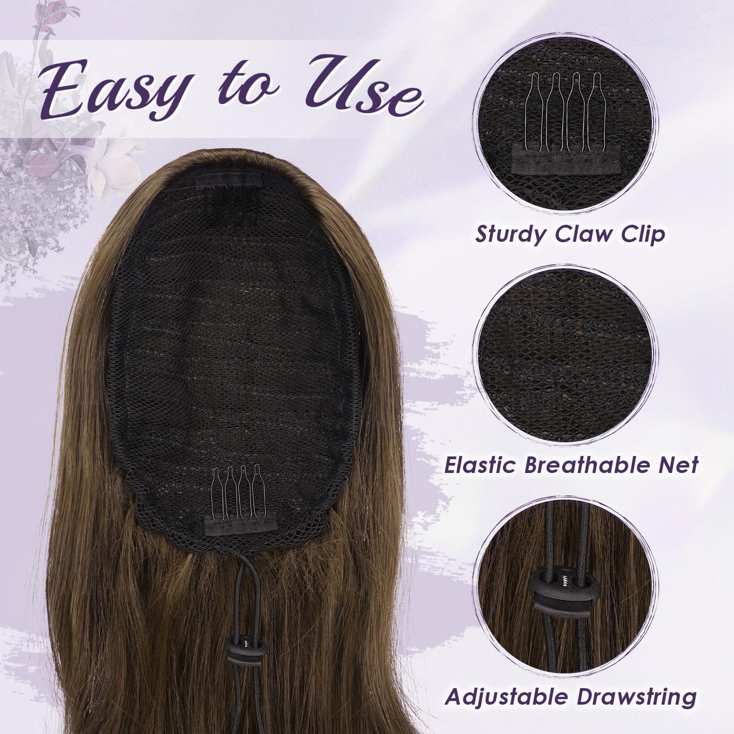 FESHFEN Drawstring Ponytail Extension, Natural Long Wavy Layered Synthetic Pony Tails Moss Brown Hair Extensions Hairpieces for Women, 20 inch