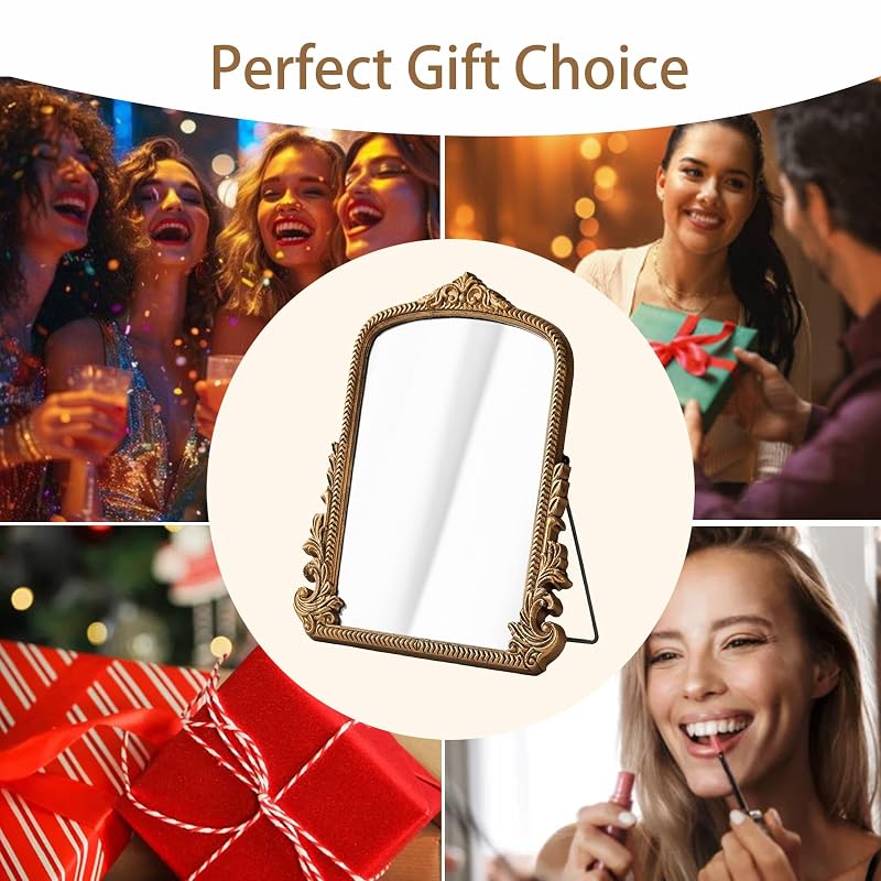 Small Gold Vintage Vanity Mirror with Wooden Frame - 11.8x9.6 Inch Tabletop Makeup Mirror