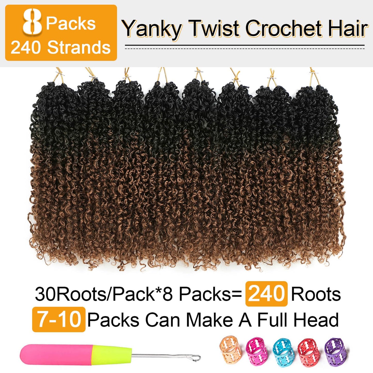 Aksice 8 Inch Yanky Twist Crochet Hair for Black Women 8 Packs Pre-looped Yankee Twist Hair Brown Spring Mini Passion Twist with Curly Ends Synthetic Crochet Braids (8 Inch, OT30#)