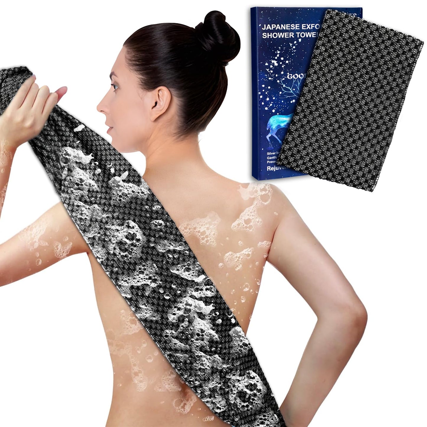 Adanluxe Exfoliating Washcloth Shower Towels, Premium Japanese Exfoliating Body Scrubber, Upgraded Loofah Sponge Rich in Silver Ion and Carbon Fiber, Face & Body Scrub Exfoliator with 2 Levels, Longer