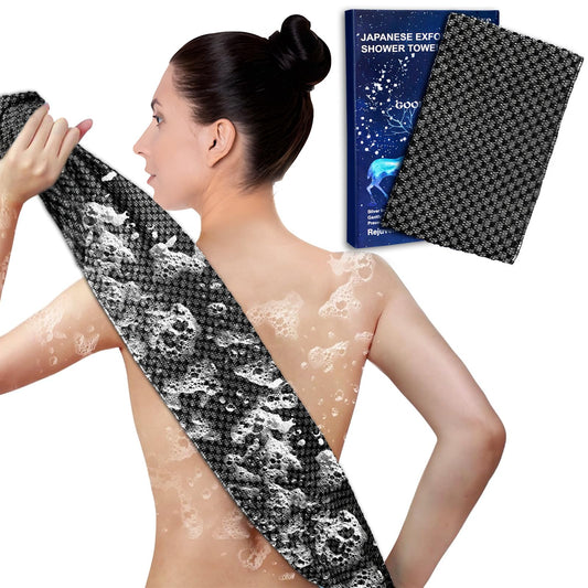 Adanluxe Exfoliating Washcloth Shower Towels, Premium Japanese Exfoliating Body Scrubber, Upgraded Loofah Sponge Rich in Silver Ion and Carbon Fiber, Face & Body Scrub Exfoliator with 2 Levels, Longer