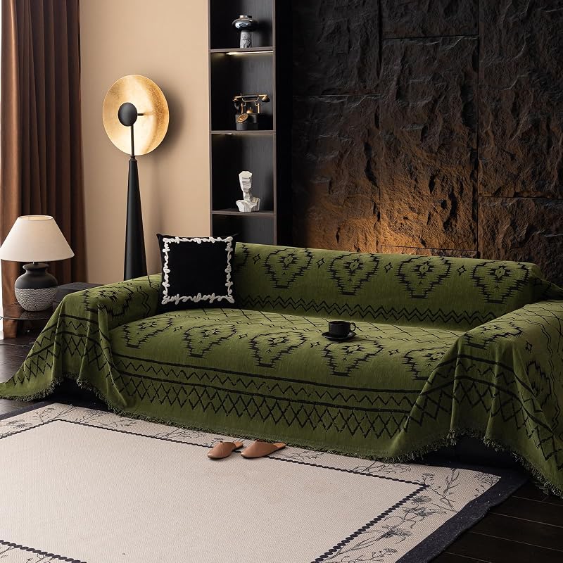 Bohemian Green Couch Cover for 3 Cushion Sofa, Non-Slip Chenille Protector 71"x150" - 3-4 Seater, 71x150, Variation: Boho:green+71" X 150"