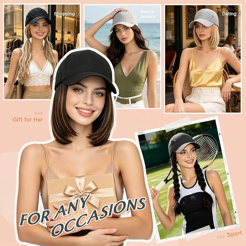 Light Blond Mix 8" Quick Dry Hat Wig - Breathable Baseball Cap with Black Cap