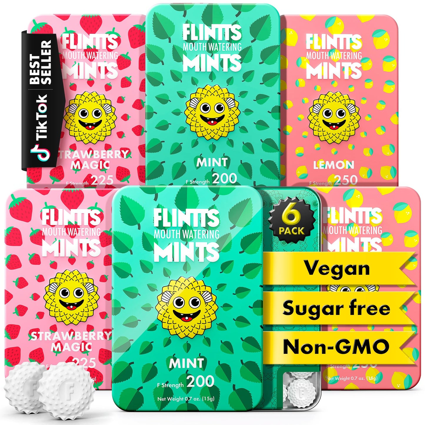 Flintts Mints 2x After Party Pack - Mint (2), Strawberry Magic (2), Lemon(2) - Sugar Free & Vegan, Mouth Watering Mints for Oral Health - Breath Freshener Mint Pocket Size - Dry Mouth Products