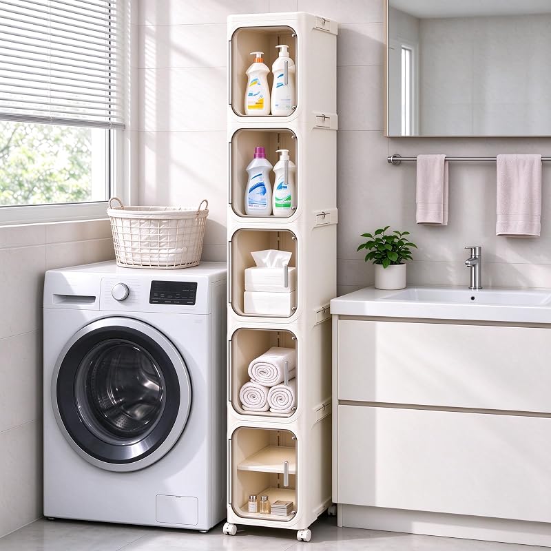 5-Tier Narrow Storage Cabinet Slim Bathroom Tall Skinny Organizer - Beige (Variation: Beige+5-tier)