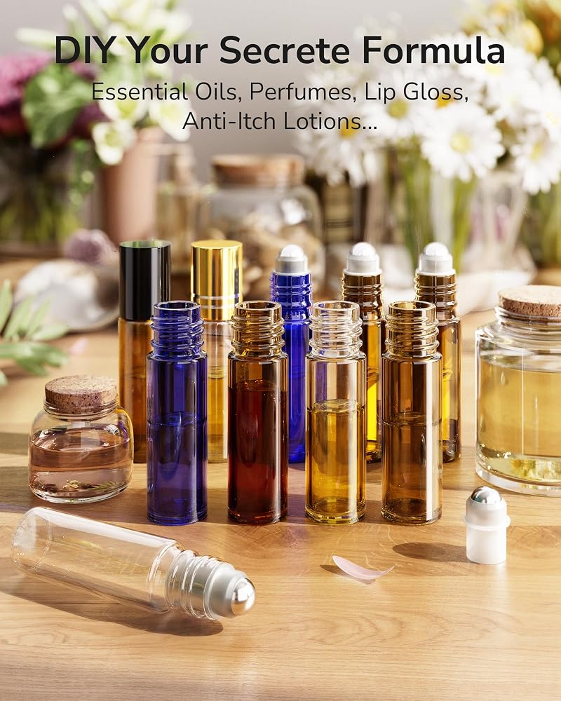 10ml Amber Essential Oil Roller Bottles, 24-Pack with Accessories - Leak-Proof