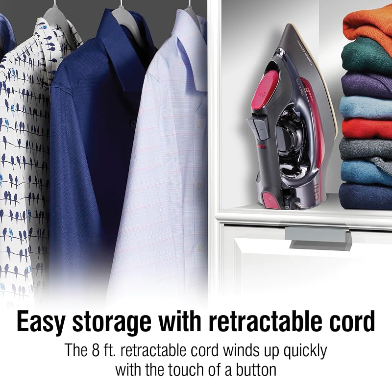 CHI 1700W Steam Iron for Clothes with Titanium-Infused Ceramic Soleplate - Retractable Cord, Black & Titanium