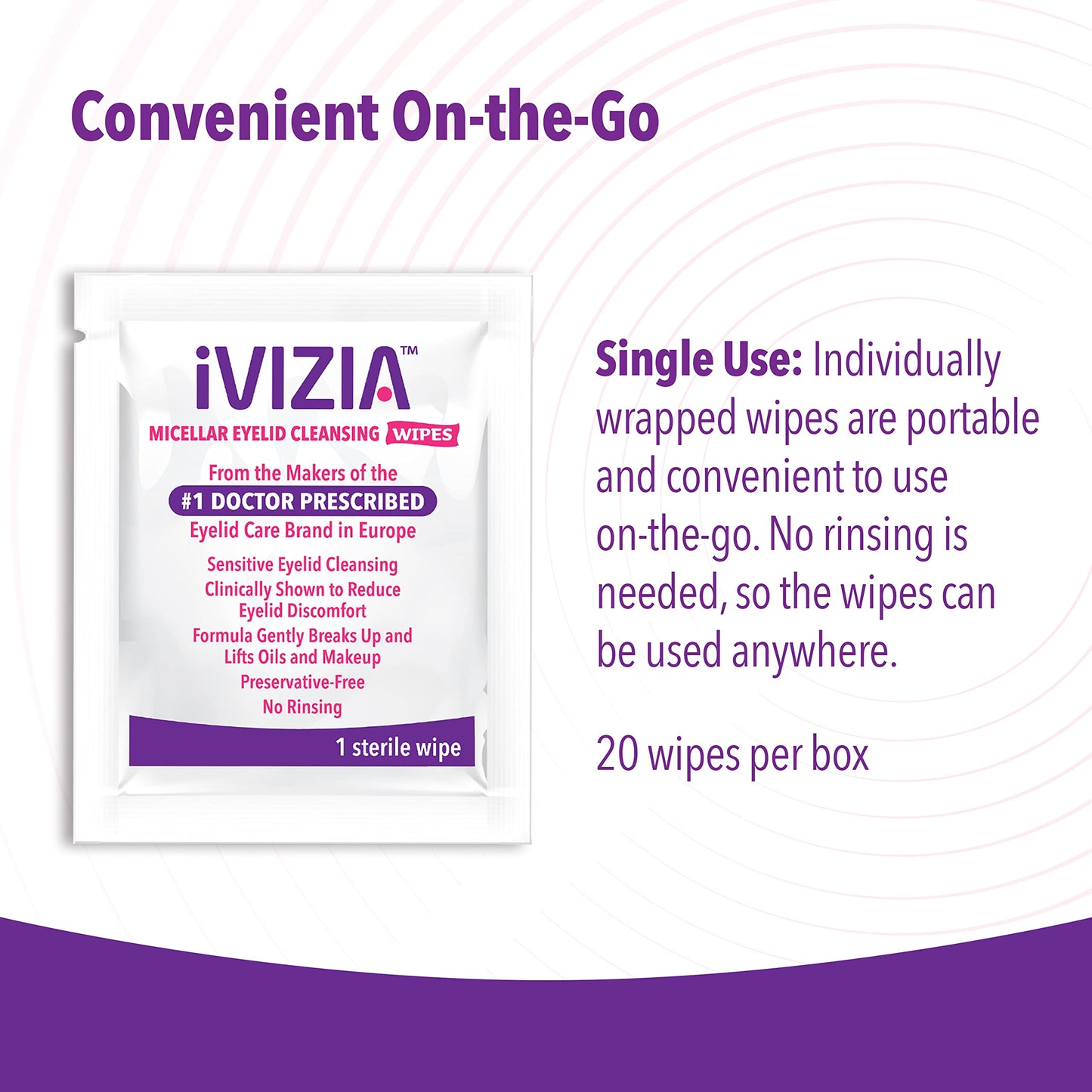 iVIZIA Eyelid Cleansing Wipes for Sensitive Eyelid Cleansing, Preservative-Free, Micellar, No Rinse, Gentle Eye Makeup Remover, 20 Sterile Single-Use Wipes for Eyelids Packaging May Vary