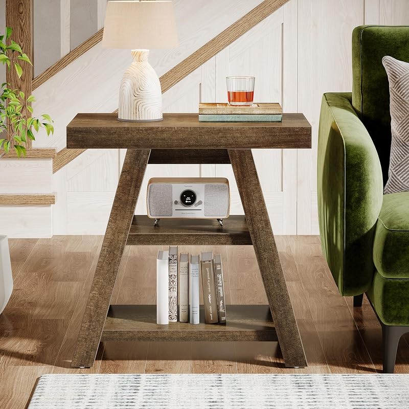 Tribesigns Distressed Brown 3-Tier End Table with Trapezoid Legs – Farmhouse Nightstand / Sofa Side Table