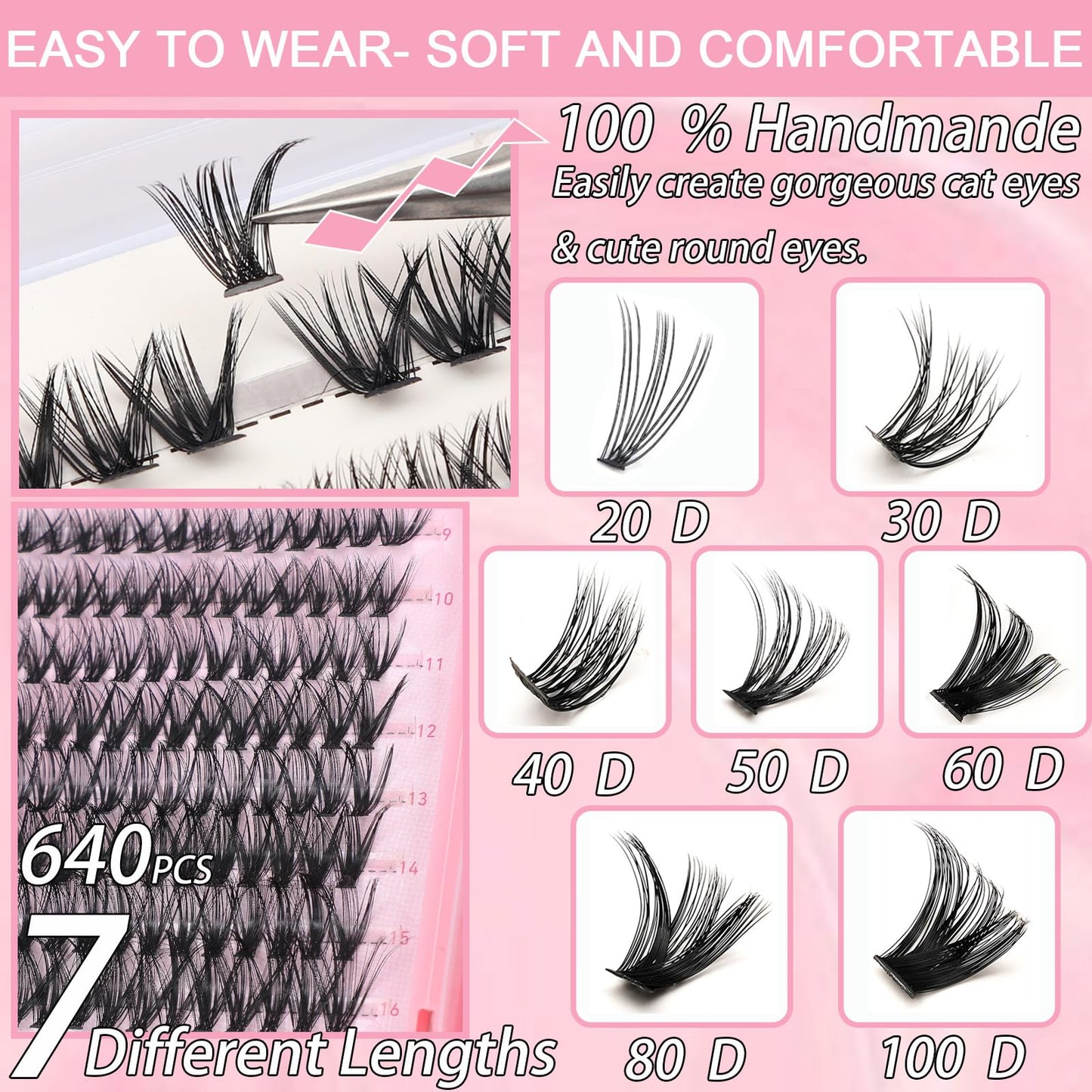 Lash Clusters Kit, 640 Pcs Eyelashes Cluster Extensions Kit 9-16mm Fluffy Individual Lashes 50D 60D D Curl False Eyelashes with Thin Band Match Tools for DIY (50D+60D)