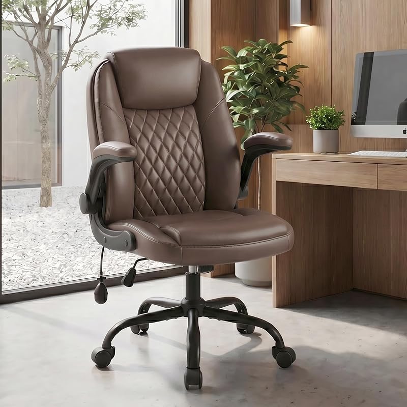 MALOL Leather Office Chair with Flip-Up Arms, Brown – Variation: Brown+Set of 1
