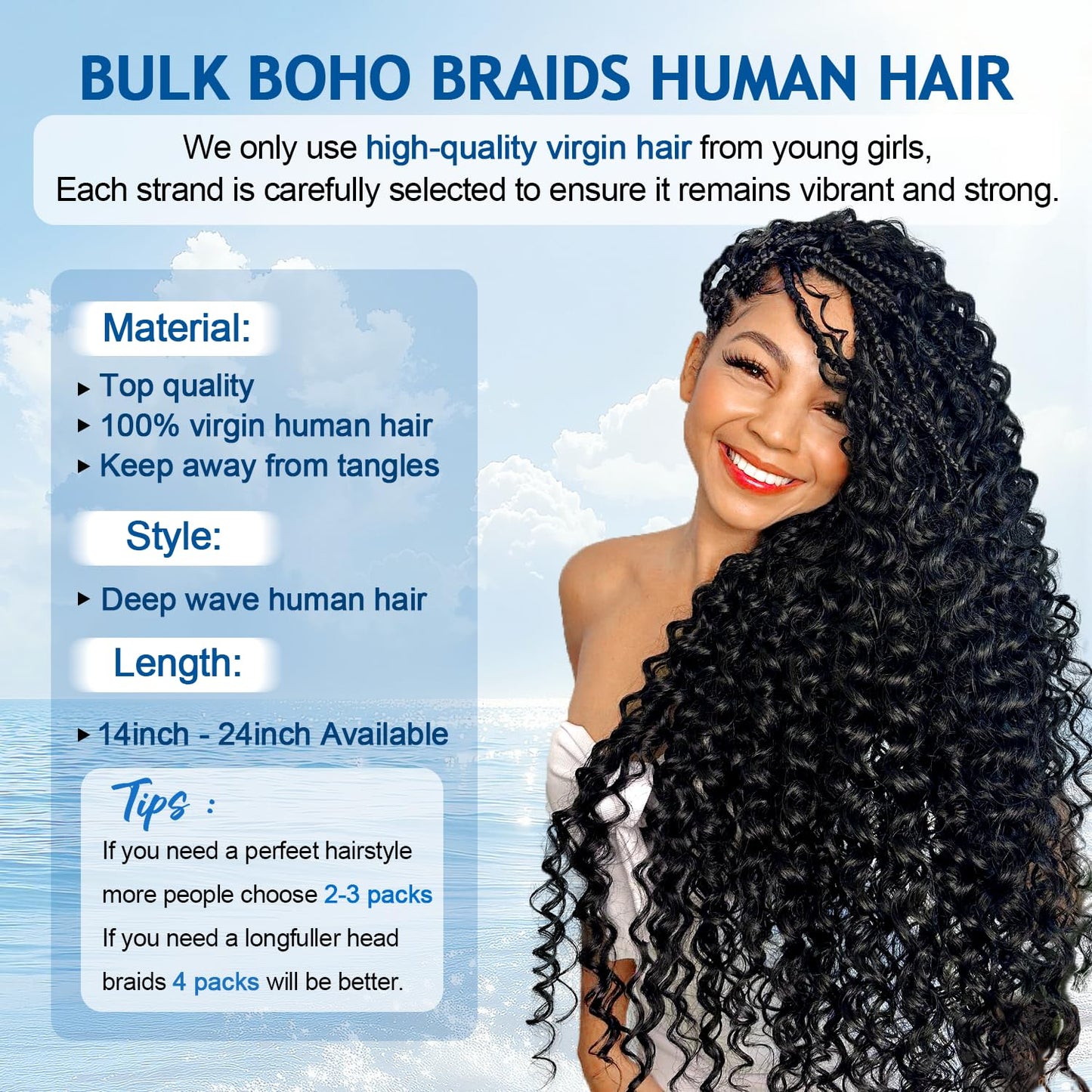 Bizvus Human Braiding Hair for Boho Braids 110g Deep Wave Boho Bulk Human Hair for Braiding Knotless 12A Wet and Wavy Bulk Bohemian Curly 3 Bundles/Pack #350 Copper Color 16inch