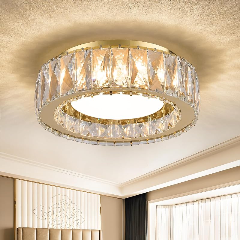 Gold 11 Inch Dimmable Crystal Flush Mount Ceiling Light Fixture
