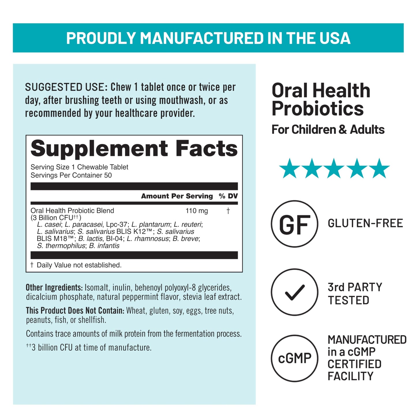 NatureWise Oral Probiotics for Teeth and Gums + Fresh Breath* - Chewable Sugar-Free Mint Tablet - Lactobacillus reuteri Chewable - Oral Health Probiotics For Kids & Adults - 50 Count[50-Day Supply]