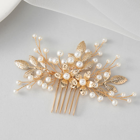 SWEETV Bridal Hair Comb Pearl Accessory Bendable Leaf Hair Piece Vintage Wedding Accessories for Brides Bridesmaids Women Girls