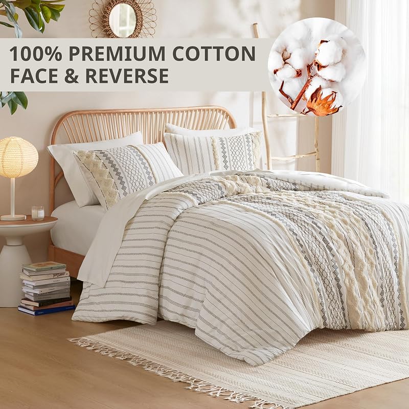 Imani King/Cal King Comforter Set for Bed – Ivory 3pc Cotton Chenille Tufted Boho, All-Season
