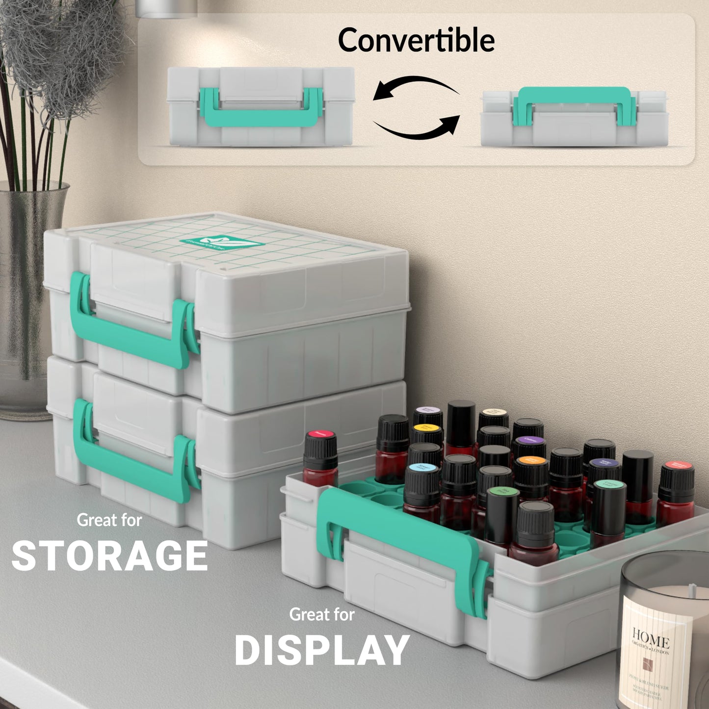 GPG2 Essential Oil Organizer for 35 Bottles, Hard Shell Storage Case with Shelf Display Lid & Travel Handle, Fits 5ml/10ml/15ml, Roller Bottles, Compatible with Top Brands, Teal