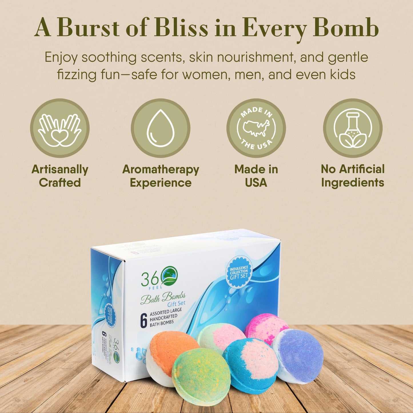 360Feel Bath Bombs Gift Set - Handcrafted Moisturizing Bath Bombs for Women Infused with Essential Oils - an Ideal Gift for Any Occasion - Non-Staining and Glitter Free Fizz - Large - Set of 6