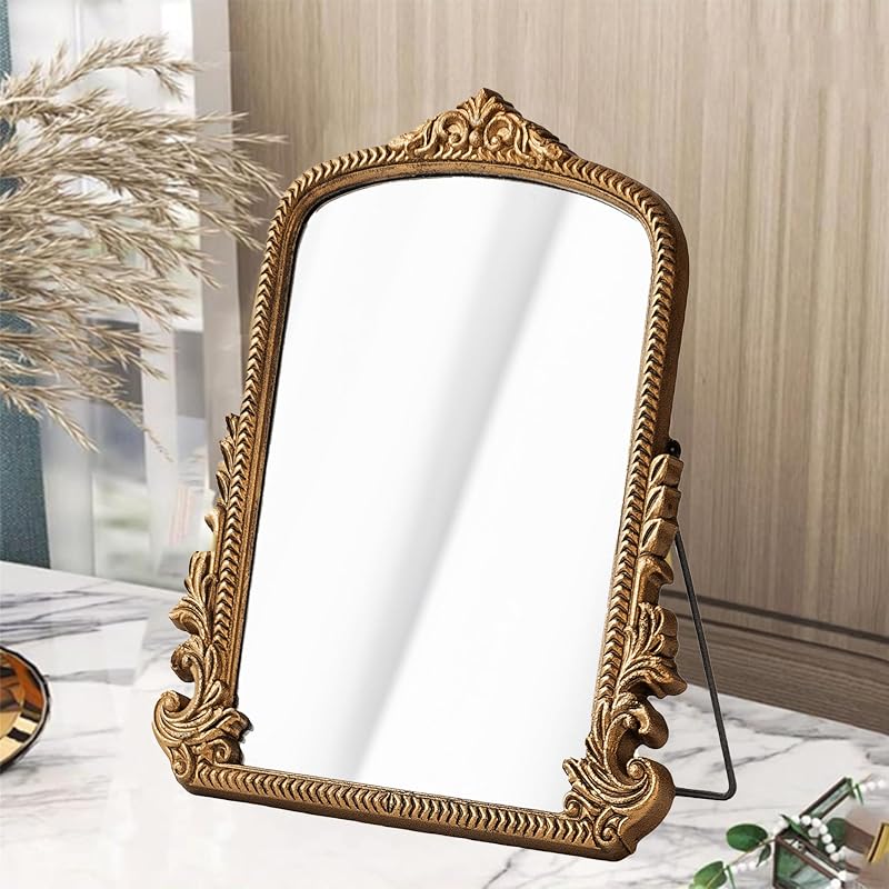 Small Gold Vintage Vanity Mirror with Wooden Frame - 11.8x9.6 Inch Tabletop Makeup Mirror