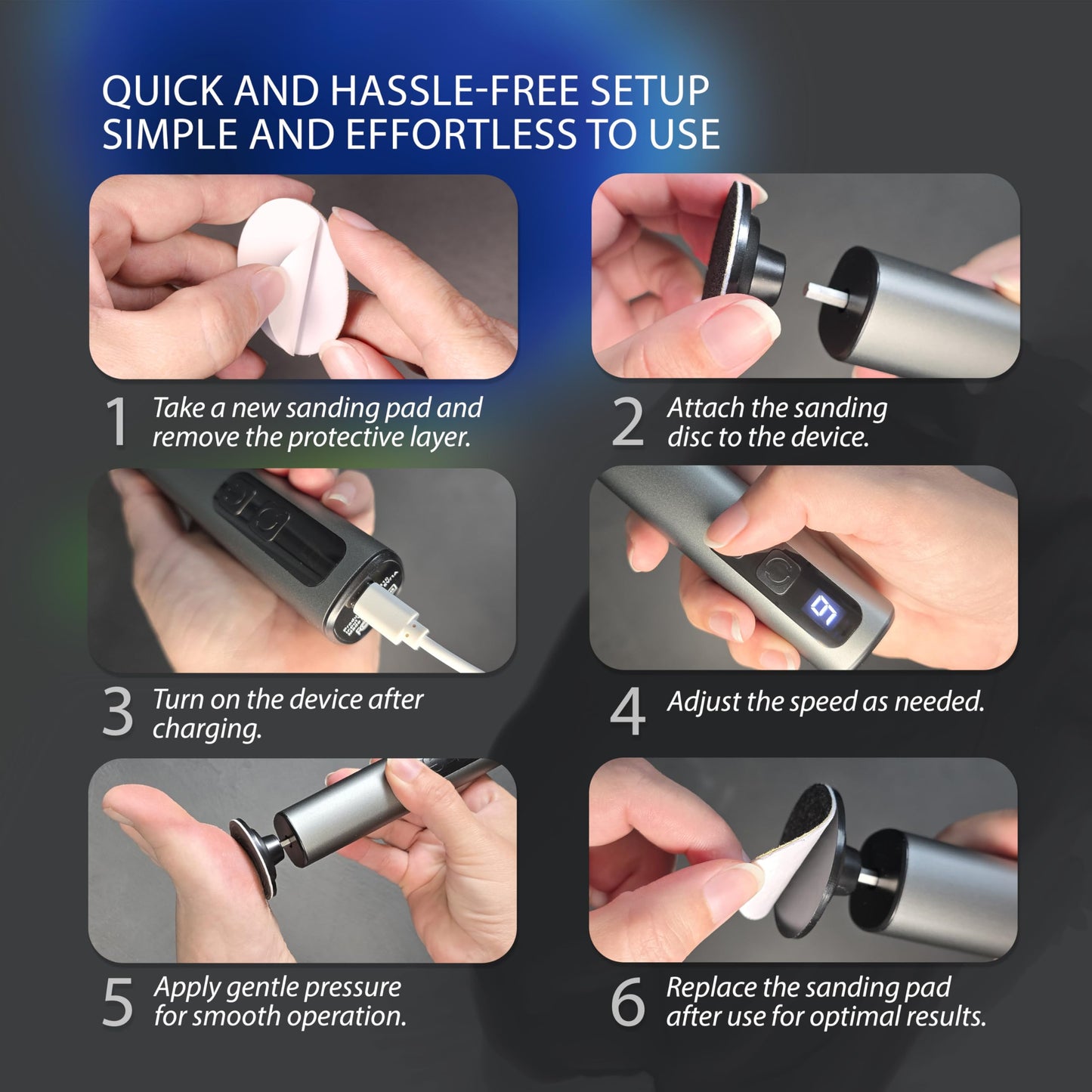 Spargos Electric Foot Callus Remover Rechargeable - Black Electric Foot Filer with 9 Speed Settings, Type-C Charging, and 60 Sanding Discs for Smooth Skin - Callus Remover for Feet