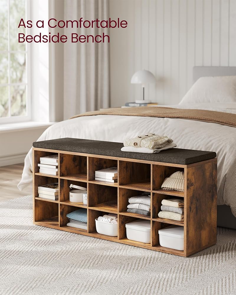 VASAGLE Rustic 15-Cubby Shoe Bench with Cushion - Brown