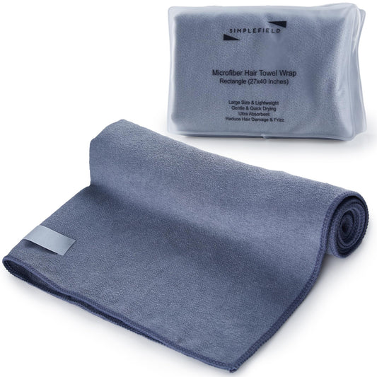 SimpleField Large Microfiber Hair Towel Wrap for Women (27x40 Inches). Anti Frizz Rectangle Drying Towel with Elastic Band for Long, Curly, and Thick Hair. Includes Reusable Carry Bag (Grey)