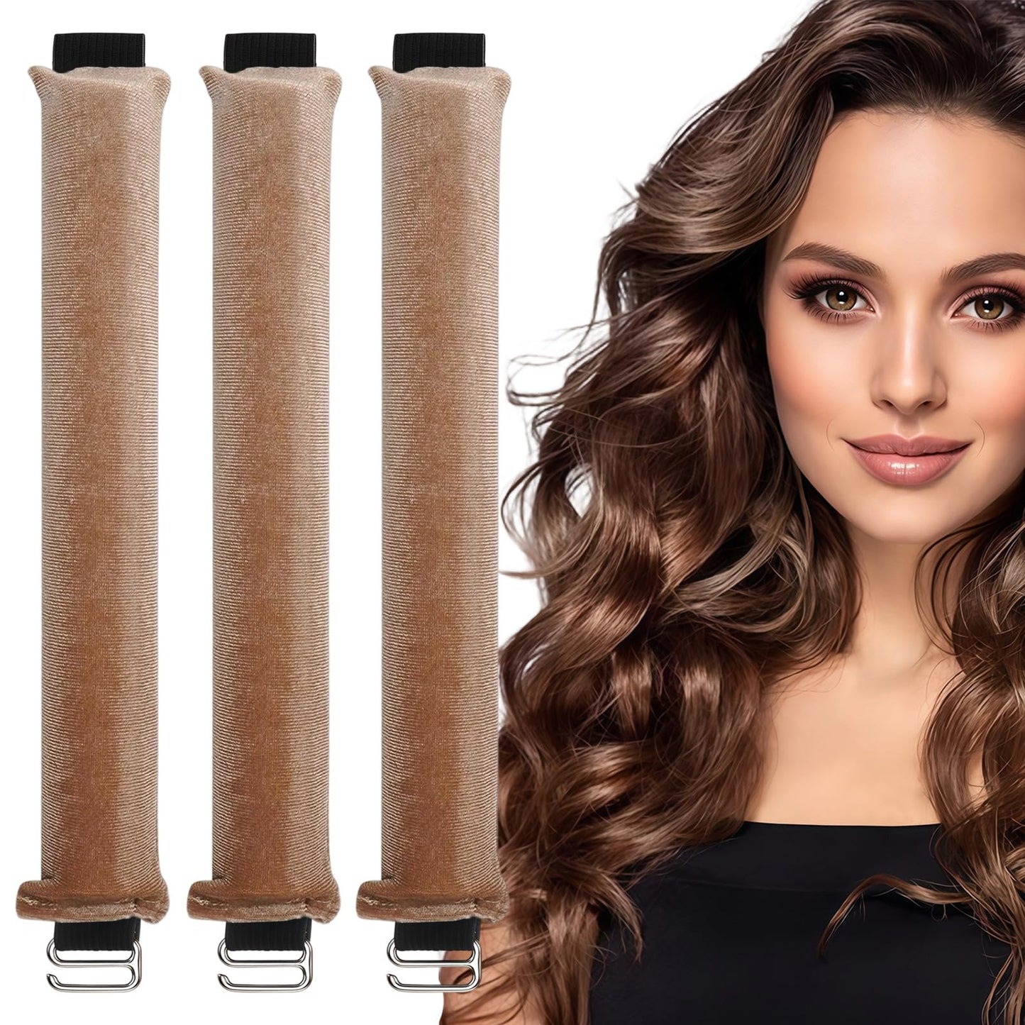 Heatless Hair Curler for Women - Khaki No Heat Overnight Hair Curler Set | 3 Silk Scrunchies with Adjustable Scarf | Natural Waves While Sleeping (Khaki, 3-Pack)