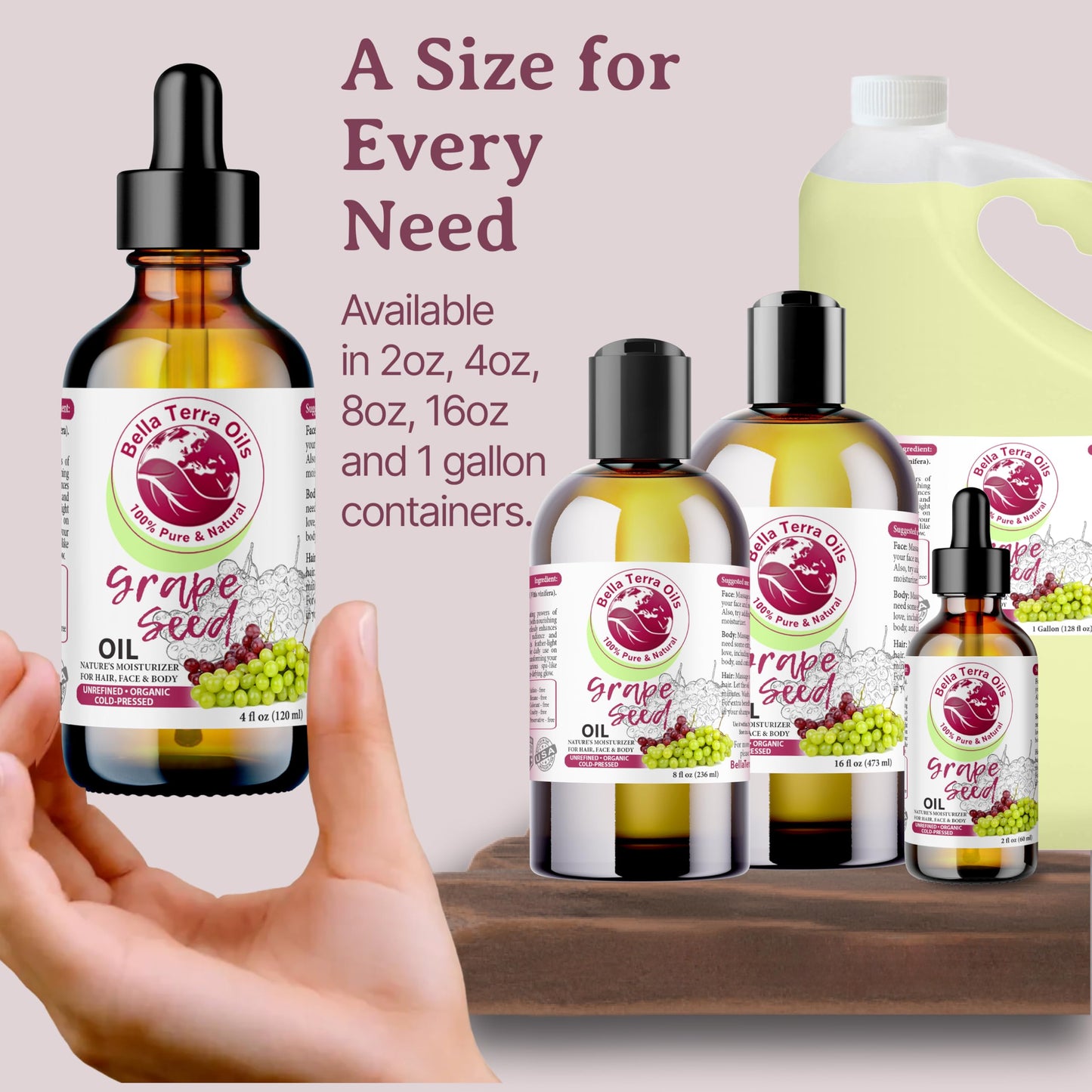 Bella Terra Oils - Organic Grape Seed Oil 16oz - Pure Organic Grape Extract, Enriched with Vitamin E & Resveratrol, Your Key to Luxurious Skin Care