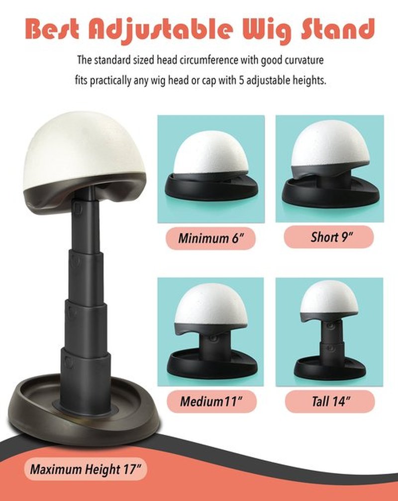 Adjustable Wig Head for Travel and Salon - Black Stand, Styrofoam Head, Collapsible Compact Stand Expands for Long and Short Wigs - by Adolfo Design