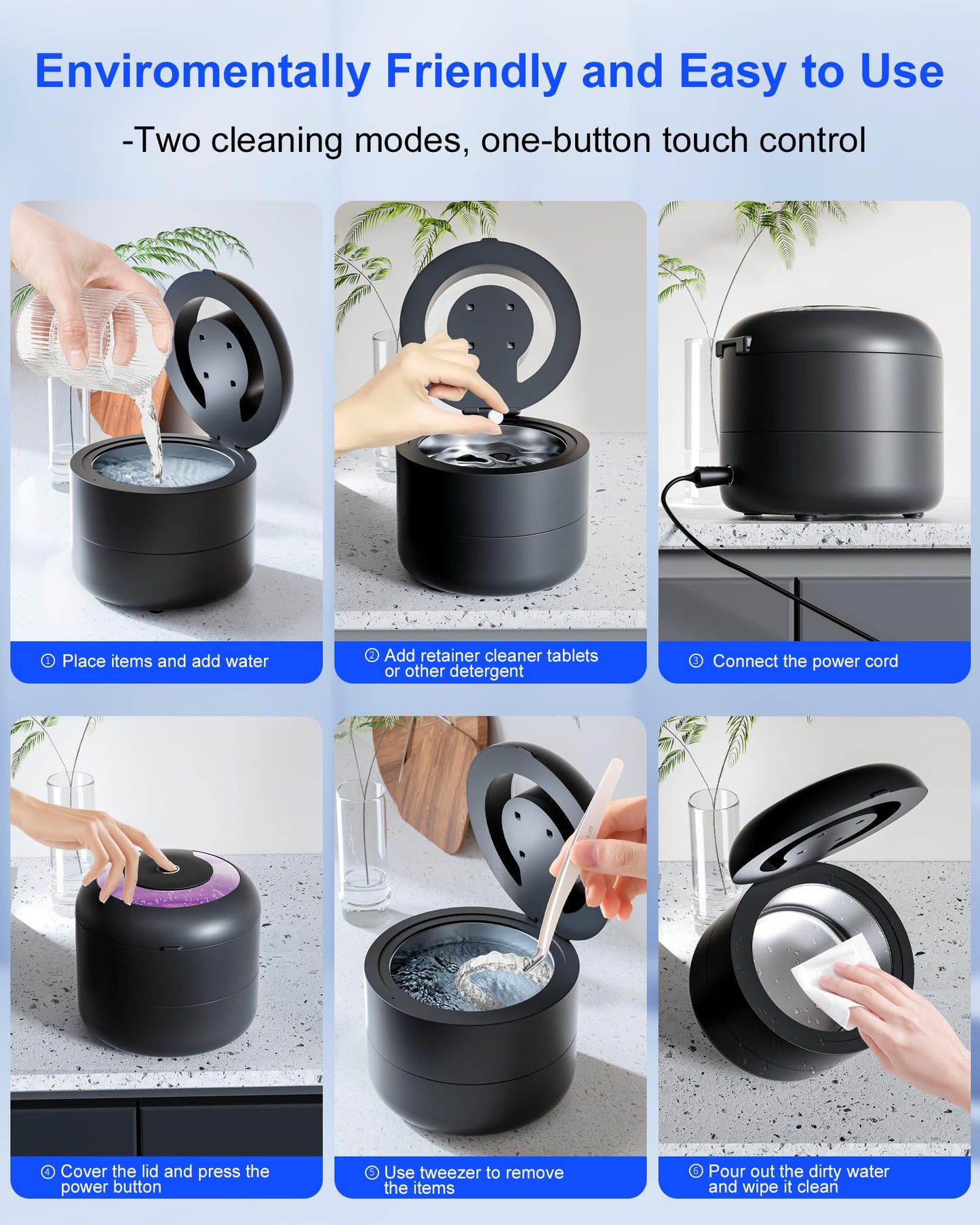 Upgraded Retainer Cleaner Machine, 45kHz Ultrasonic Cleaner as Dentures Cleaner, Mouth Guard Cleaner, Night Guards Cleaner, Aligner Cleaner, Jewelry Cleaner, Ring Cleaner (Black)