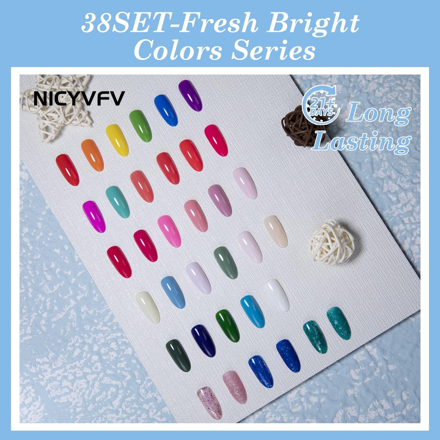 NICYVFV 38 PCS Gel Nail Set, 32 Colors Gel Polish Set Neon Pastel Shades, with Gold Silver Glitter and Glossy Matte Top Coat, Base Coat Builder gel, for Women Gift Kit