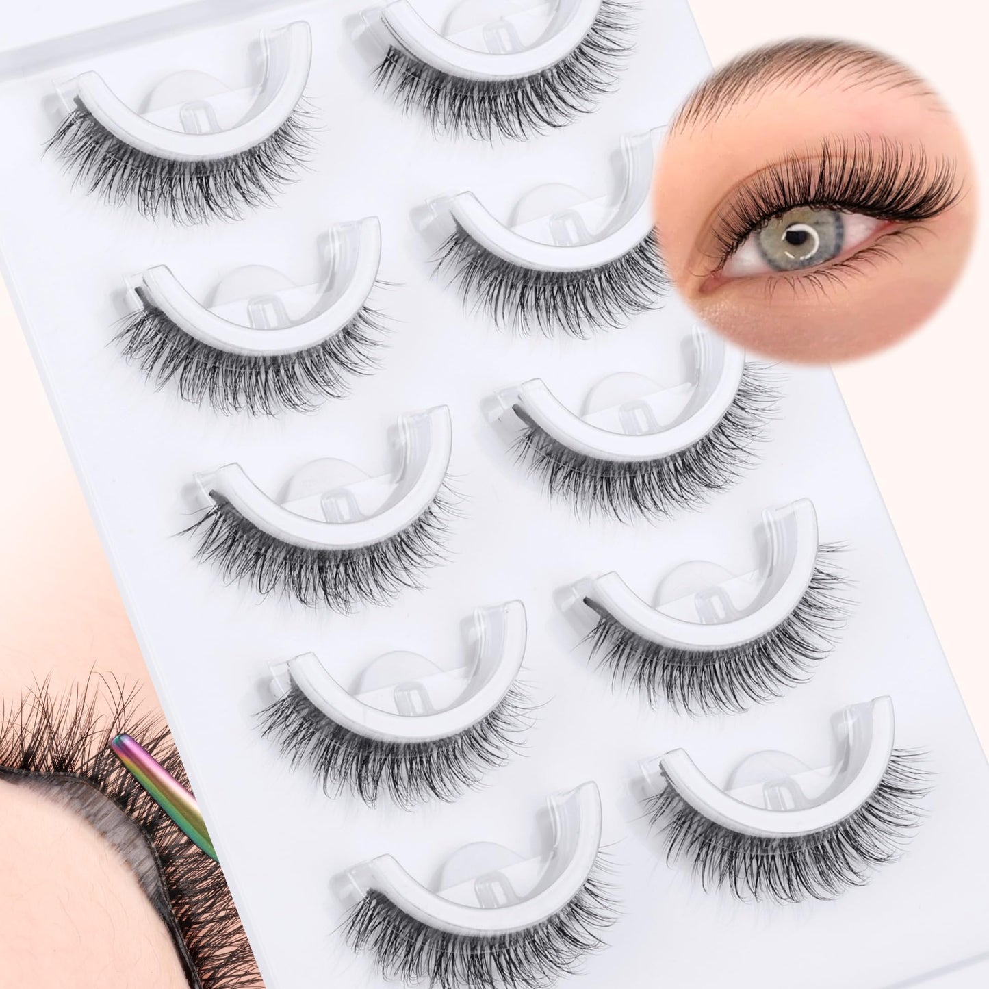 Natural Self Adhesive Eyelashes Cat Eye Lashes Natural Look Wispy Self Adhesive Lashes Clear Band Reusable 8-10MM Short Pre Glued Lashes No Glued Needed Natural Stick On Lashes 5 Pairs by Zegaine