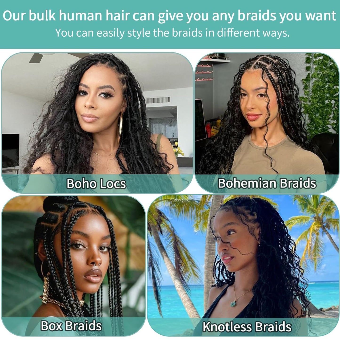 Human Braiding Hair for Boho Braids Human 110g 20 Inch Curly Boho Hair for Braiding Knotless 12A Deep Wave Bulk Bohemian 3 Bundles/Pack Natural Color
