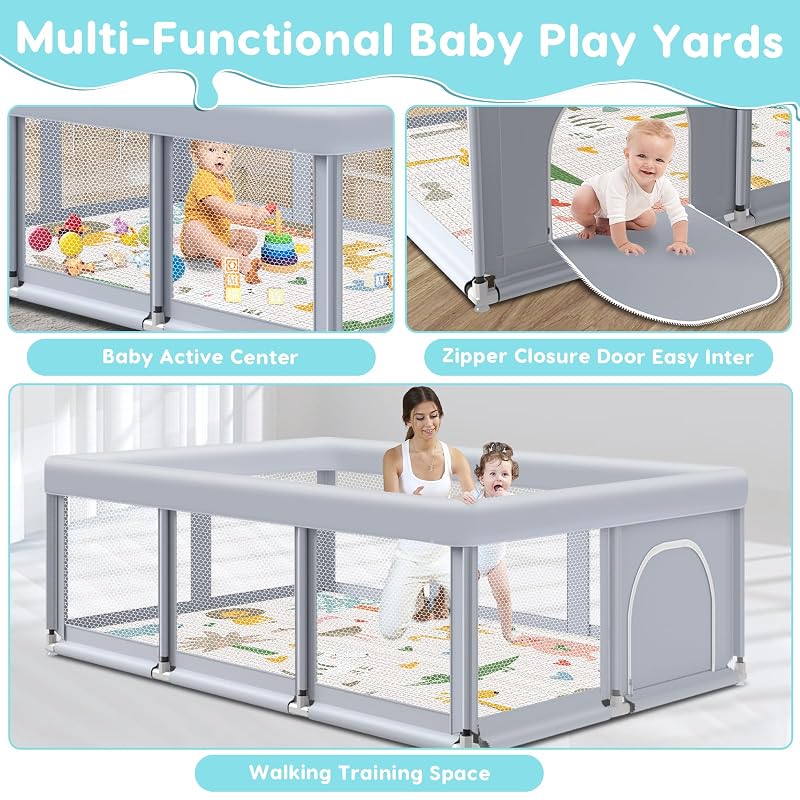Fshibila 74 x 50 Inch Baby Playpen with Mat, Large Indoor/Outdoor Play Yard, Breathable Mesh Safety Fence, Grey
